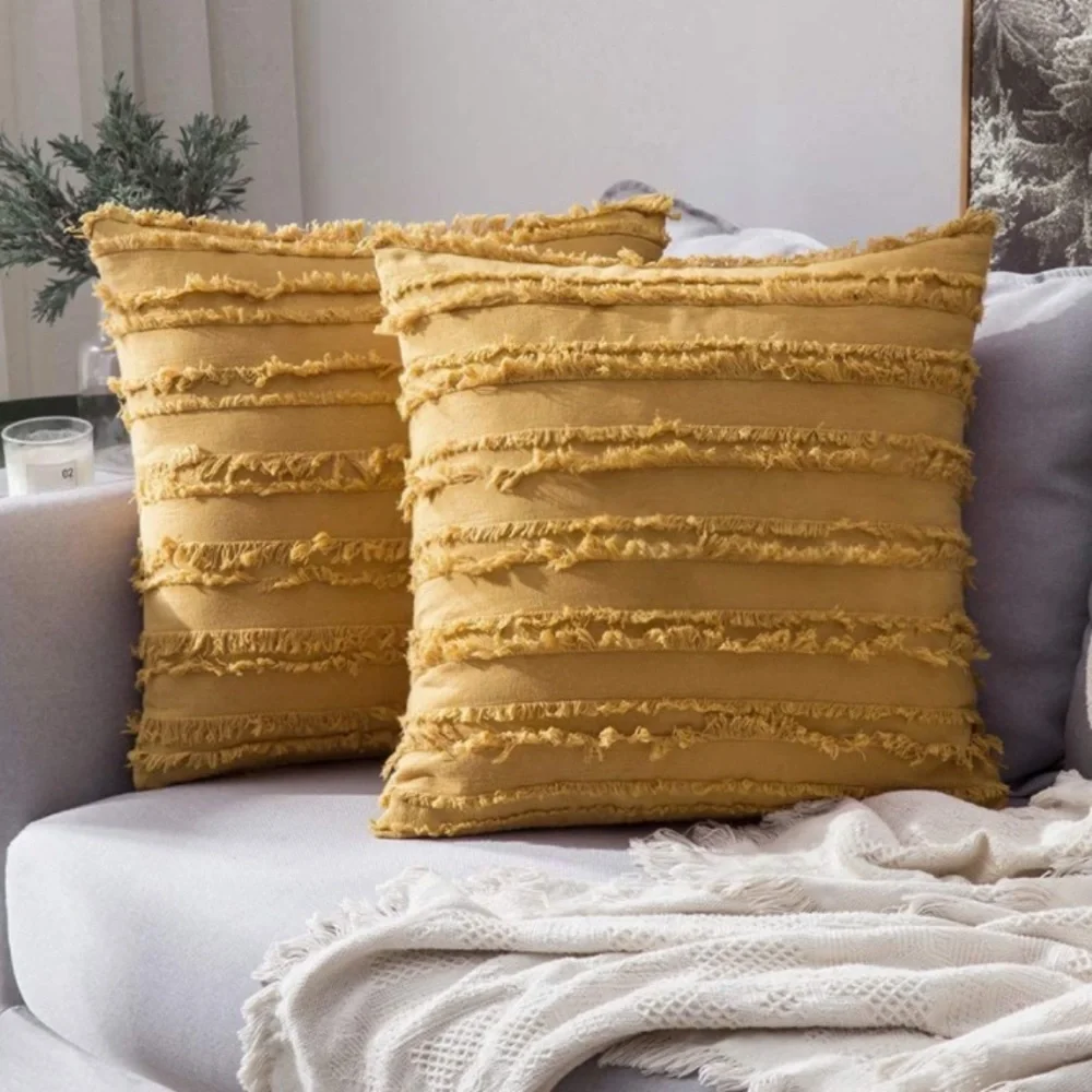 Luxury Home | BohoChic Mustard Yellow Frayed Striped Jaquard Throw Pillow Covers